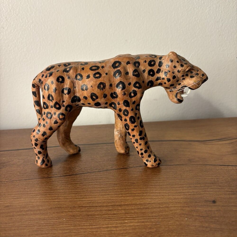 Vintage MCM Leather Wrapped Leopard Cheetah Spotted Cat Sculpture Figure Whisker